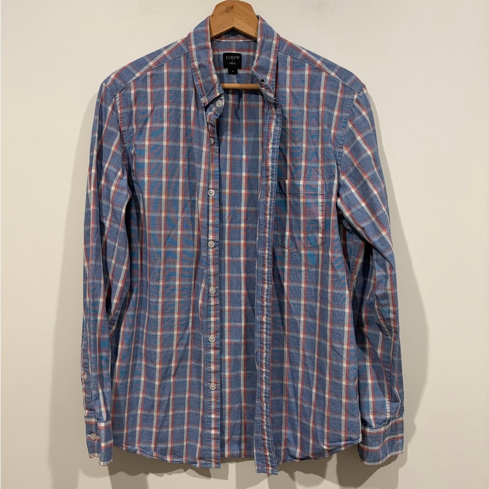 J. Crew Men's Casual Blue and Red Check Shirt